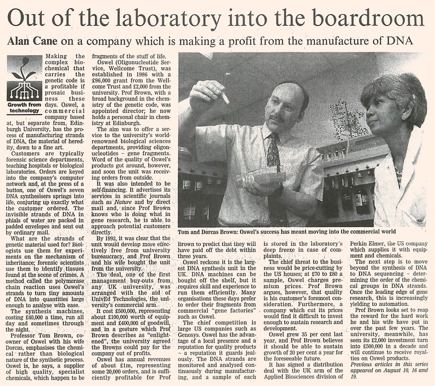 Financial Times newspaper article - Out of the laboratory into the boardroom