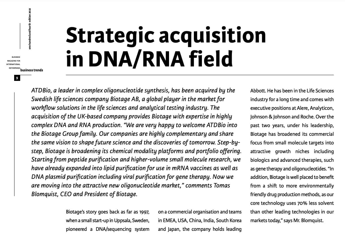 Biotage press release on ATDBio acquisition: Strategic acquisition in DNA/RNA field