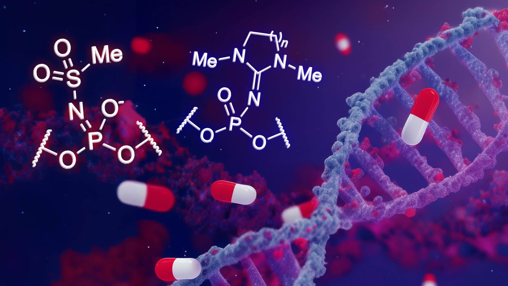Structures of mesyl phosphoramidate (MsPA) and phosphoryl guanidine (PN) oligonucleotide backbones, with a therapeutic oligonucleotide background